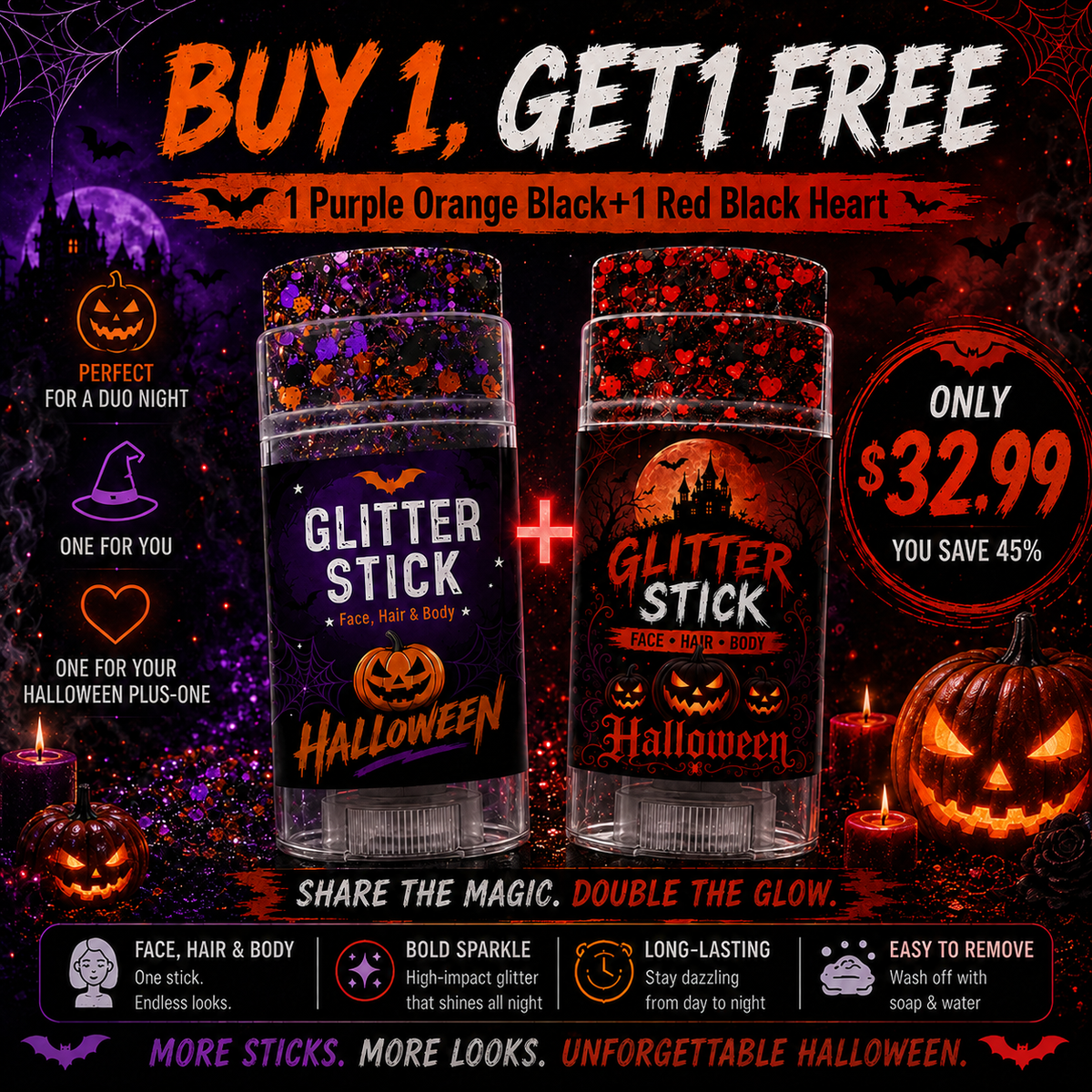 Halloween Glitter Stick for Face, Hair & Body