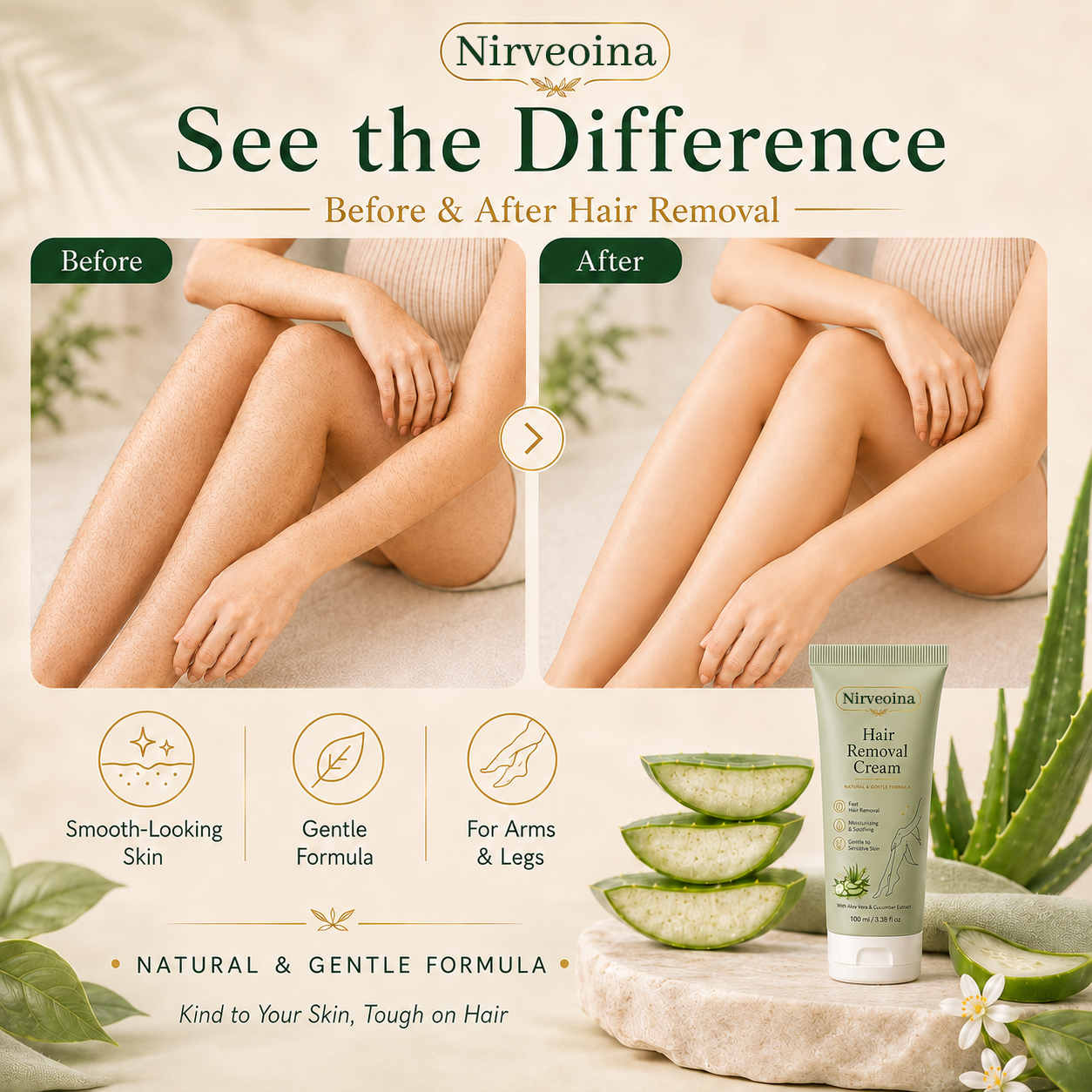 Nirveoina™ Natural Gentle Hair Removal Cream | For Women & Men, Sensitive Skin