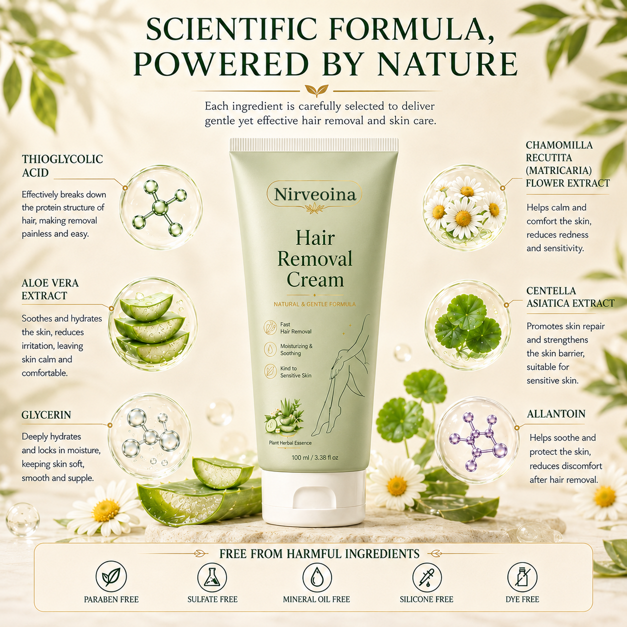Nirveoina™ Natural Gentle Hair Removal Cream | For Women & Men, Sensitive Skin