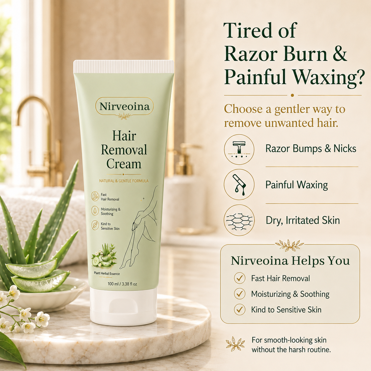 Nirveoina™ Natural Gentle Hair Removal Cream | For Women & Men, Sensitive Skin